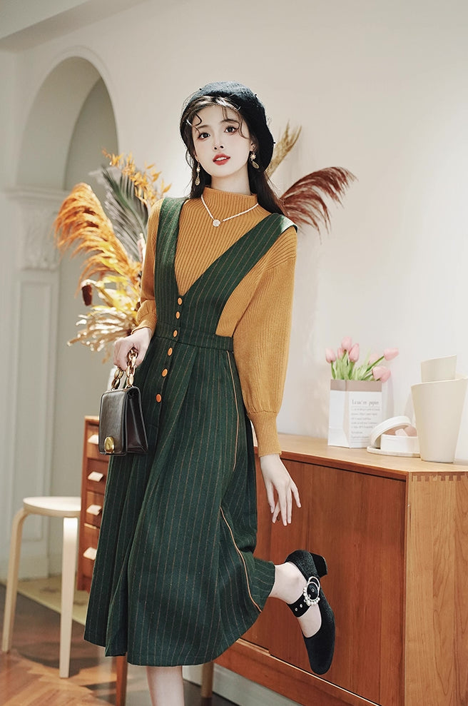 Gingko Stripe Pinafore & Sweater Set (Mustard/Green)