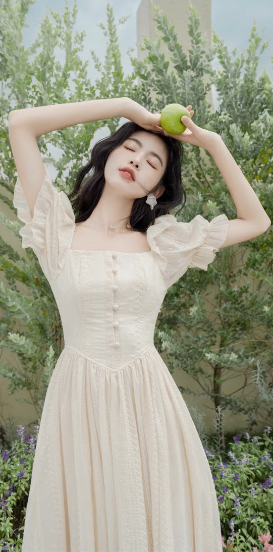 Lace Broderie Midi Dress (Cream)