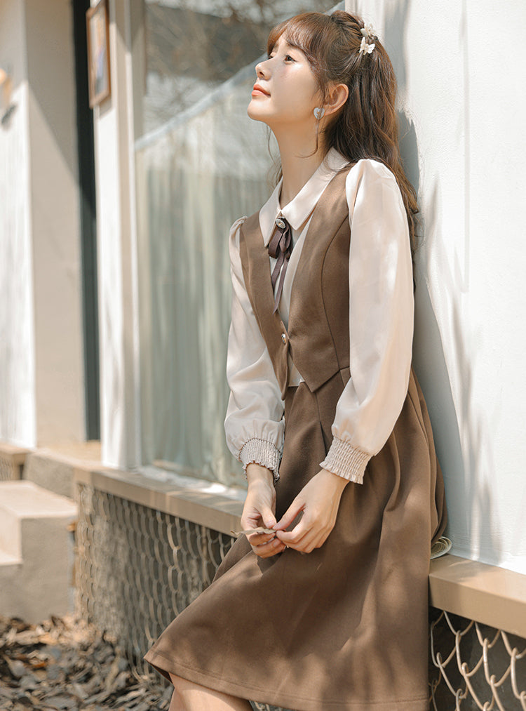 Journalist Waist Coat Dress (Brown)