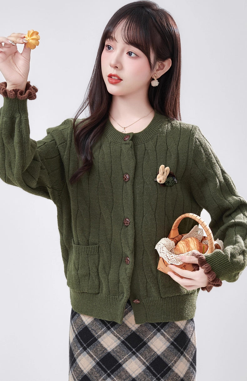 Braided Round Neck Cardigan (Olive)