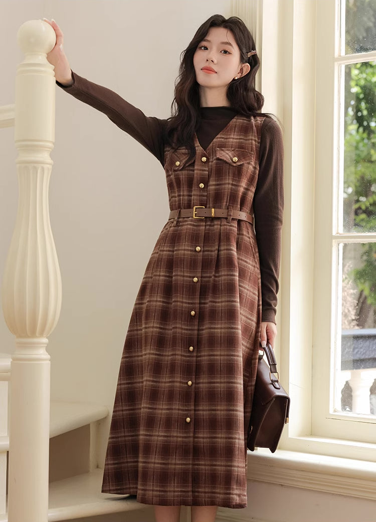 Ginger Plaid Pinafore Midi Dress (2 Colors)