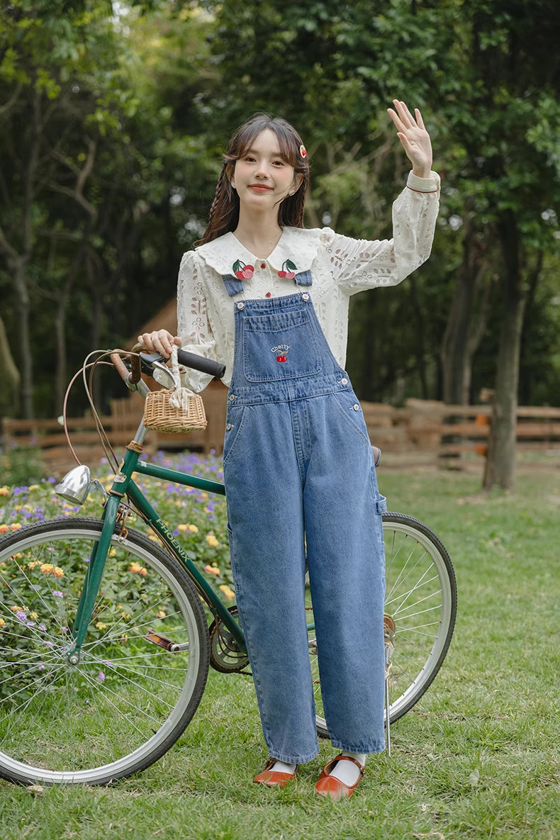 Cherry Denim Overalls (Medium Blue)