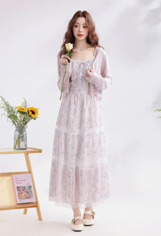 Iris Floral Lace Midi Cami Dress & Cardigan (Purple)