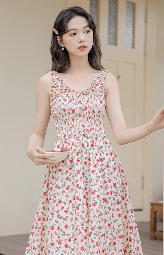 Camellia Smocked Midi Dress (Cream/Red)