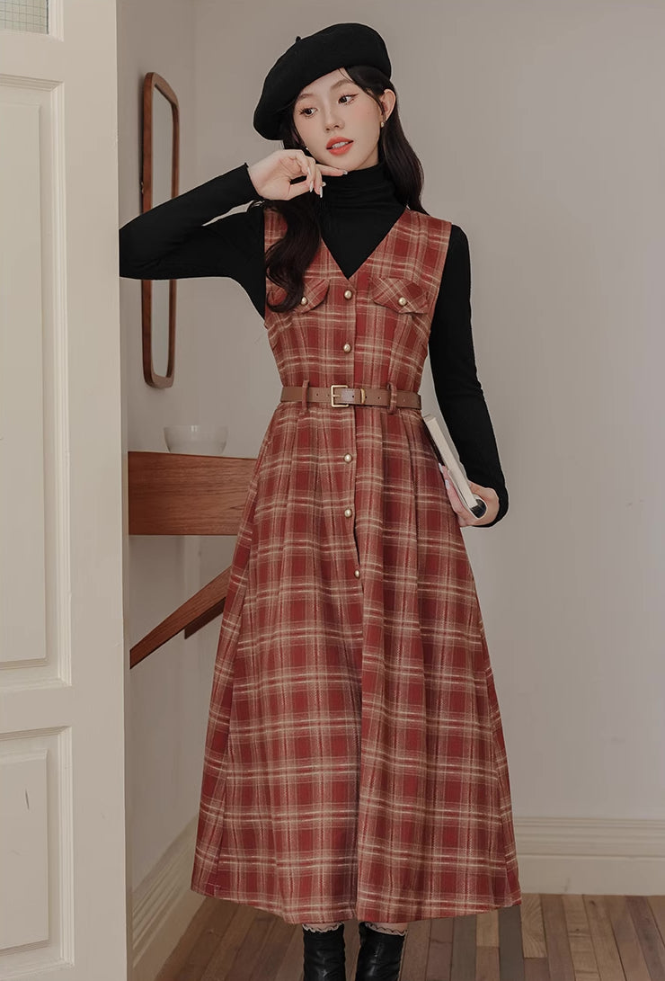 Ginger Plaid Pinafore Midi Dress (2 Colors)