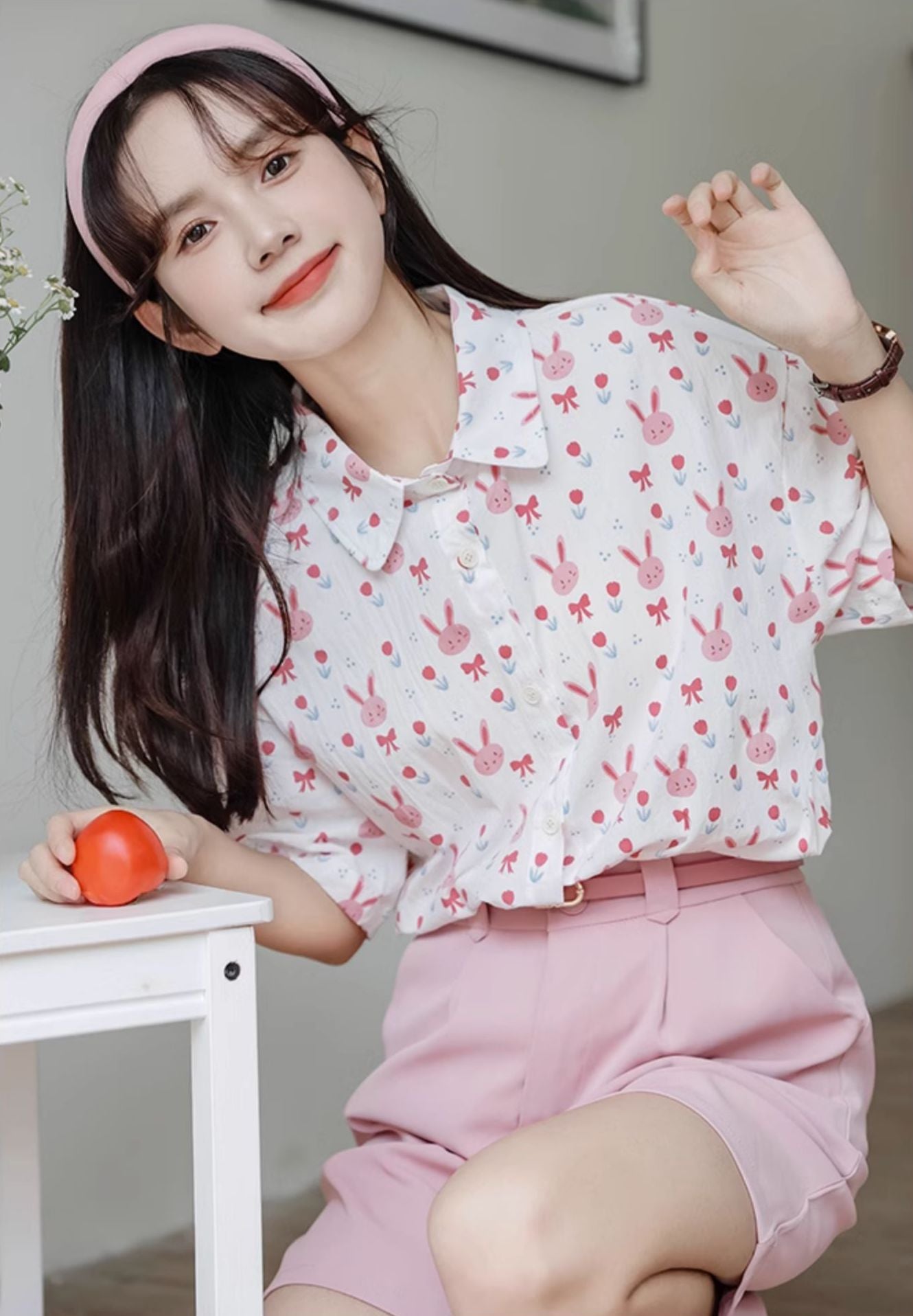 Pink Bunny Button Up Shirt (White)