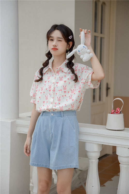 Pink Bunny Cropped Button Up Shirt (White)