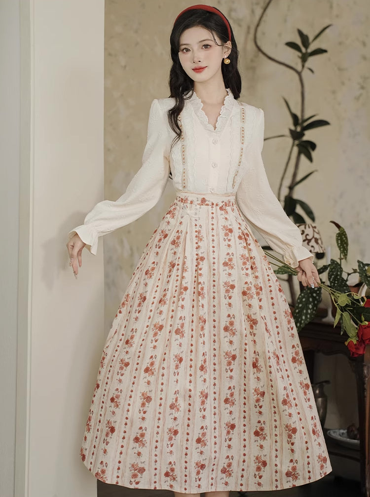 Rose Wallpaper Blouse & Skirt Set (Cream/Red)