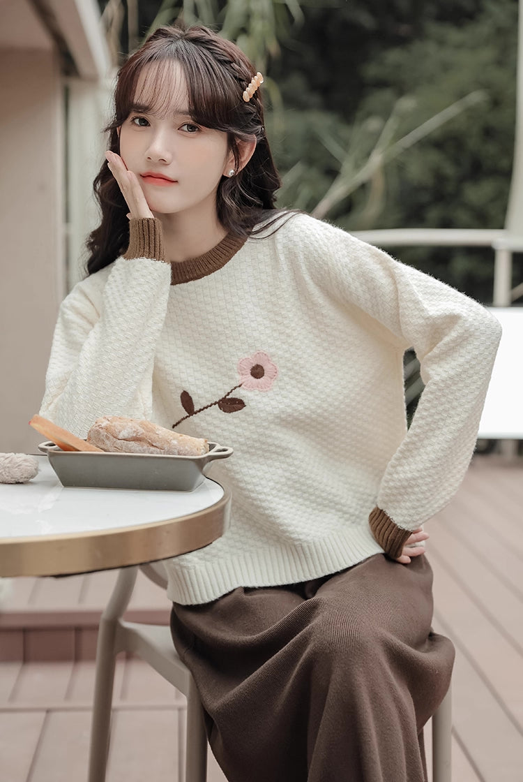 Waffle Knit Flower Sweater (2 Colors)
