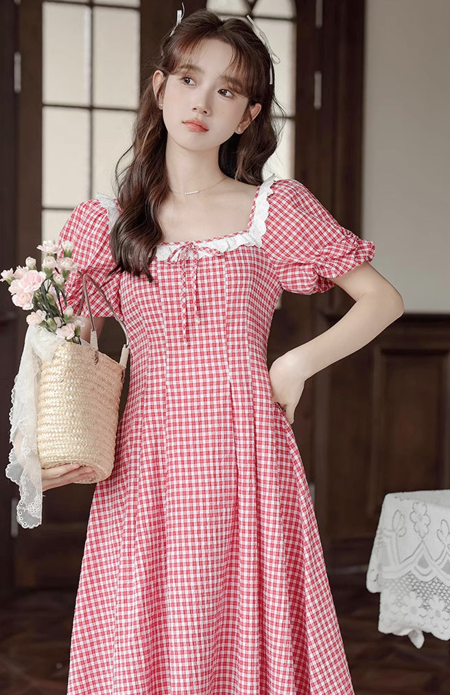 Plaid Puff Sleeve Midi Dress (Red)