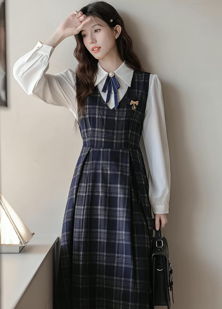 Oxford Plaid Midi Pinafore & Blouse Set (Navy)