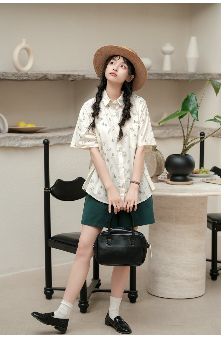 Boyfriend Forest Bunny Button Up Shirt (Beige)