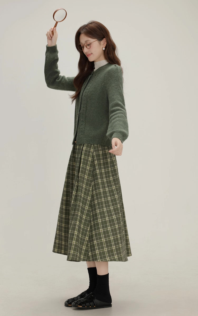 Evergreen Plaid Midi Skirt (Green)