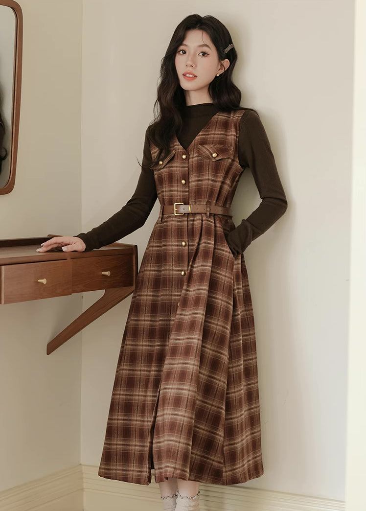 Ginger Plaid Pinafore Midi Dress (2 Colors)