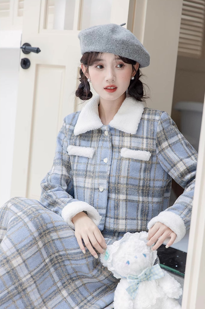 Elsa Plaid Tweed Midi Set (Blue)