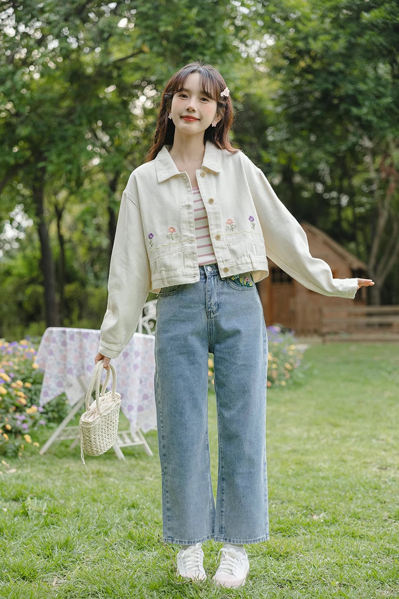 Personal Garden Embroidered Denim Jacket (Cream)
