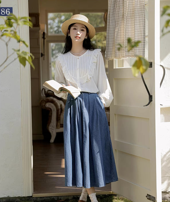 Pleated Denim Midi Skirt (3 Colors)