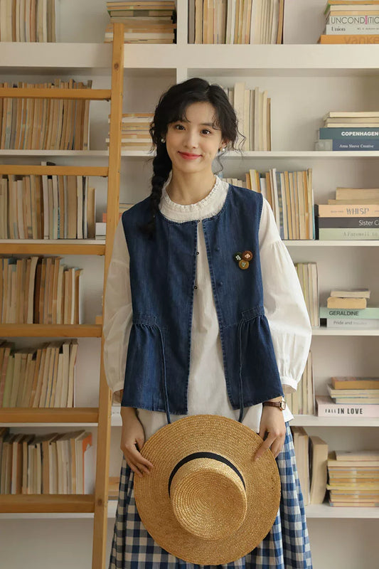 Everyday Blouse, Denim Vest & Gingham Skirt Set