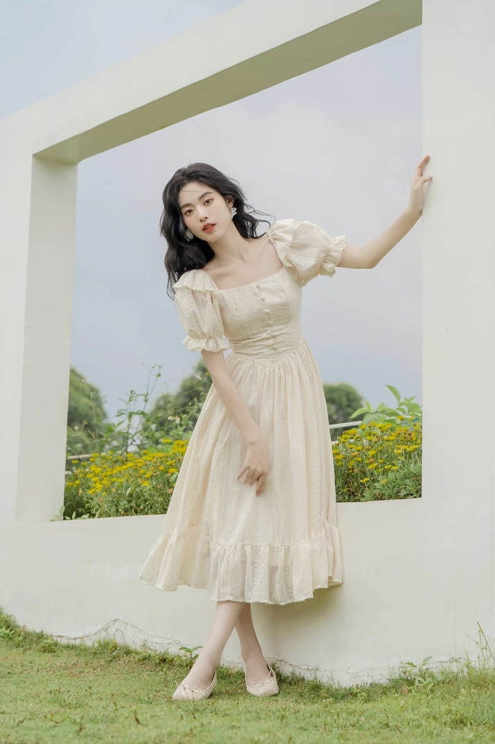 Lace Broderie Midi Dress (Cream)