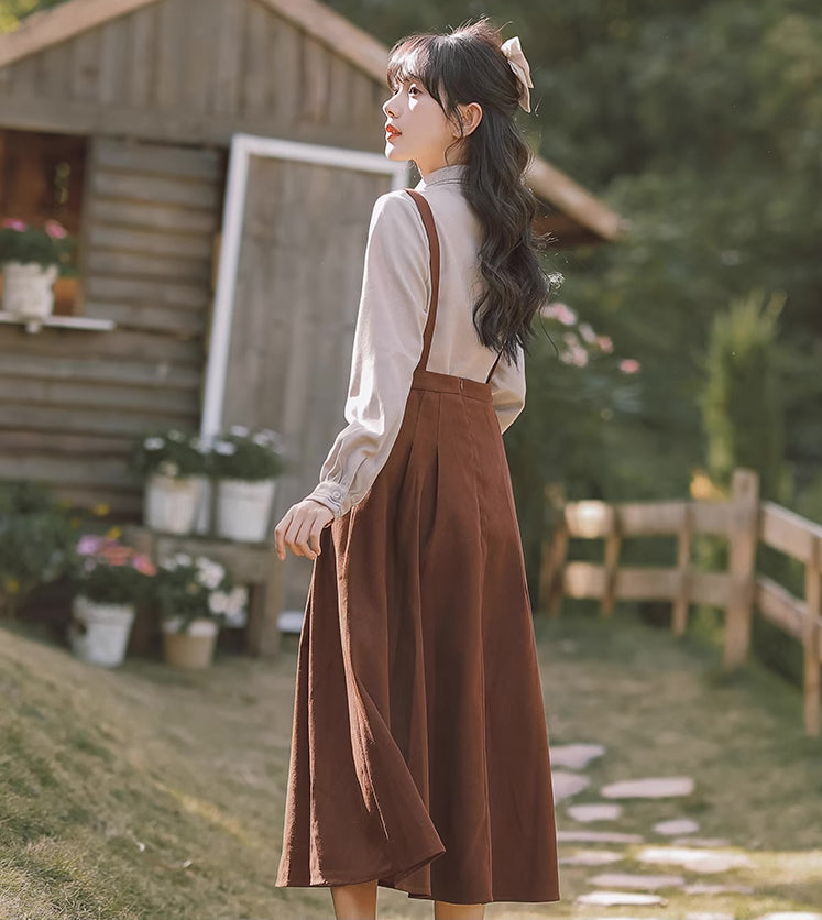 Corduroy Suede Suspender Skirt / Blouse (Brown)
