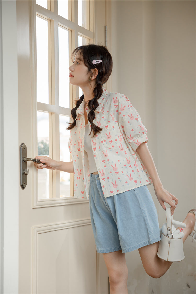 Pink Bunny Cropped Button Up Shirt (White)