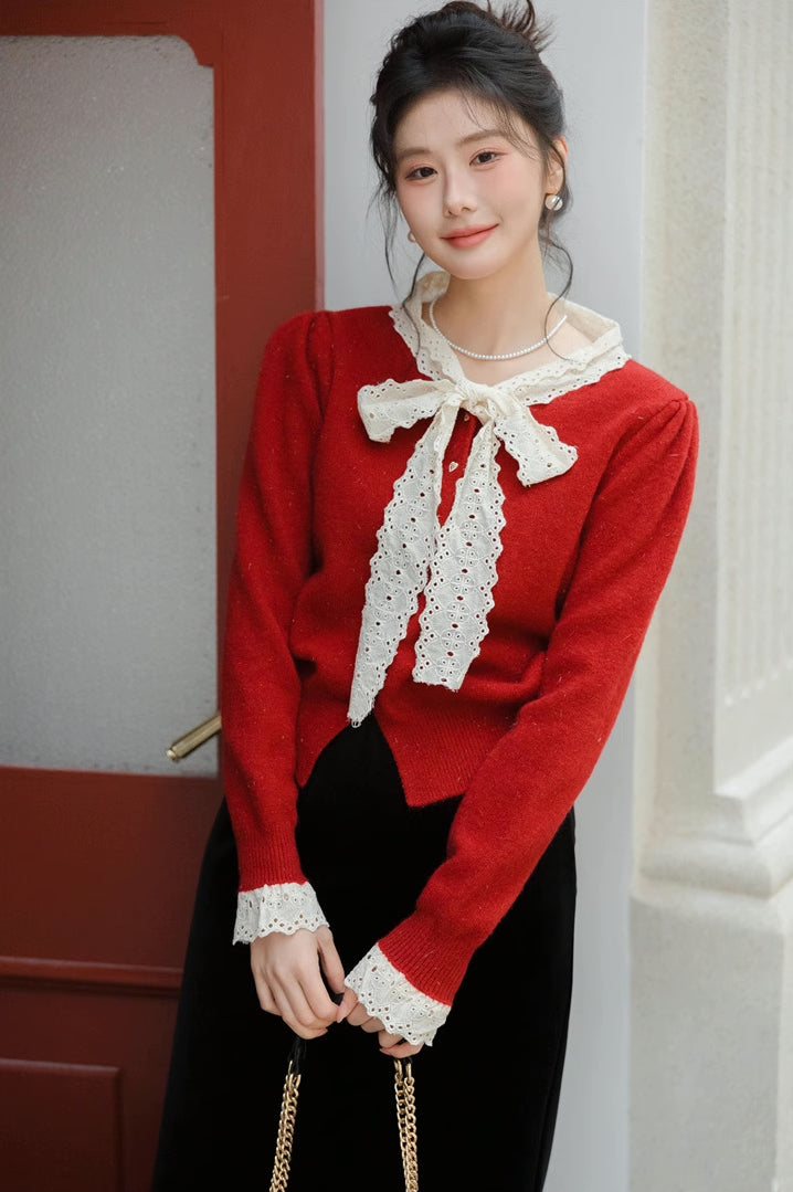 Heart Button Lace Trim Cardigan (3 Colors)