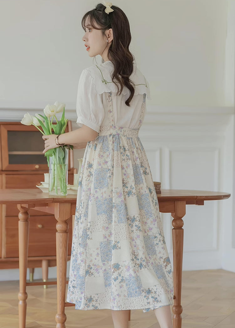 Ditsy Floral Patchwork Apron Dress (White)