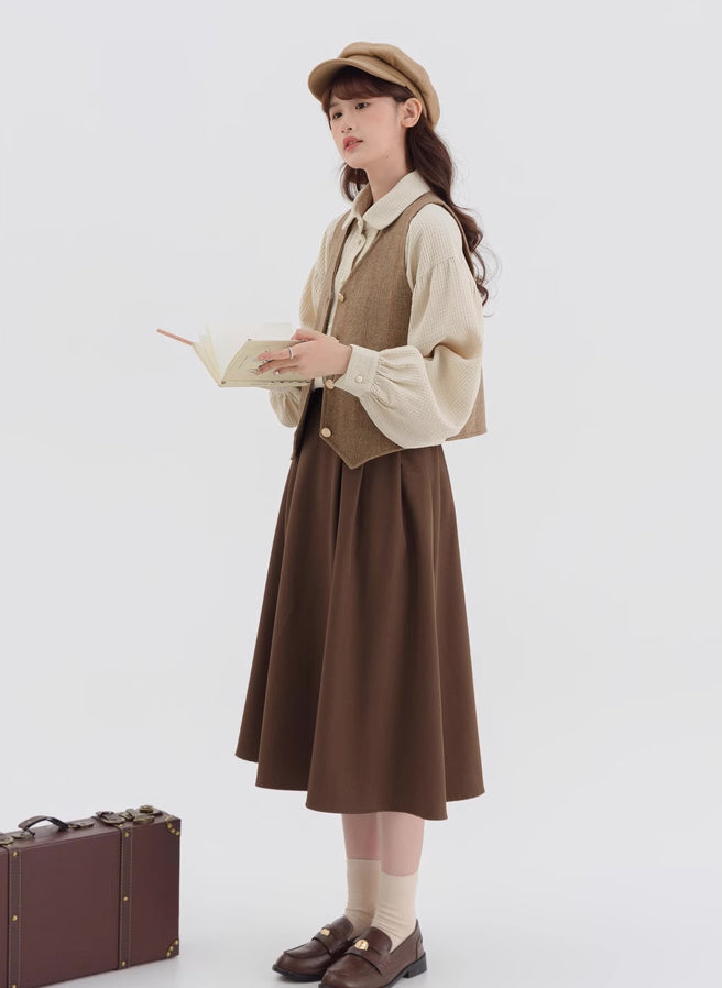 Waffle Puff Sleeve Blouse (Milk Tea)