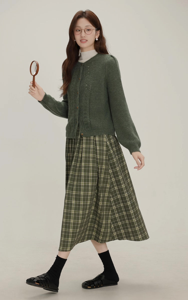 Evergreen Plaid Midi Skirt (Green)