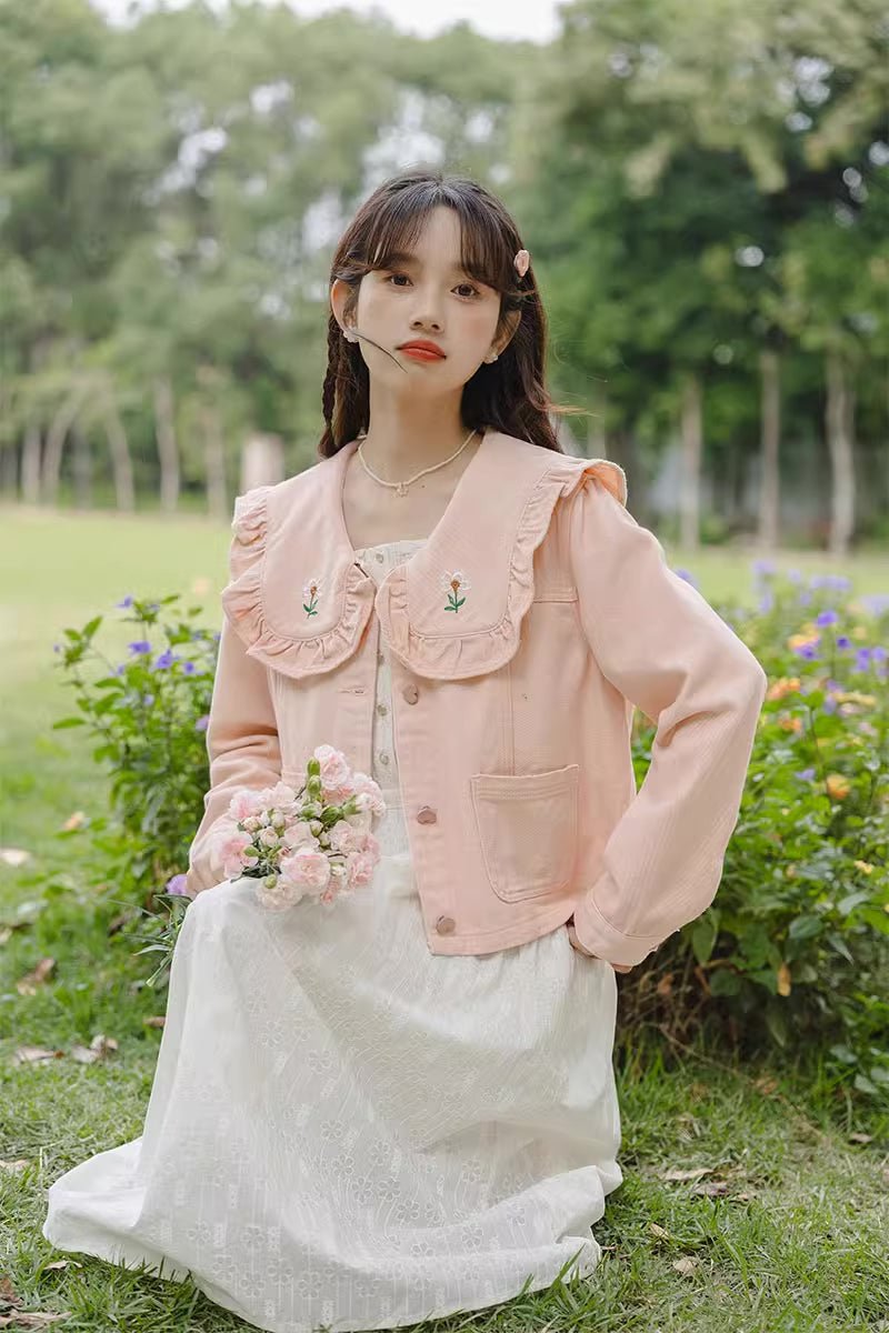 Sweet Heart Flower Embroidered Jacket (Pink)