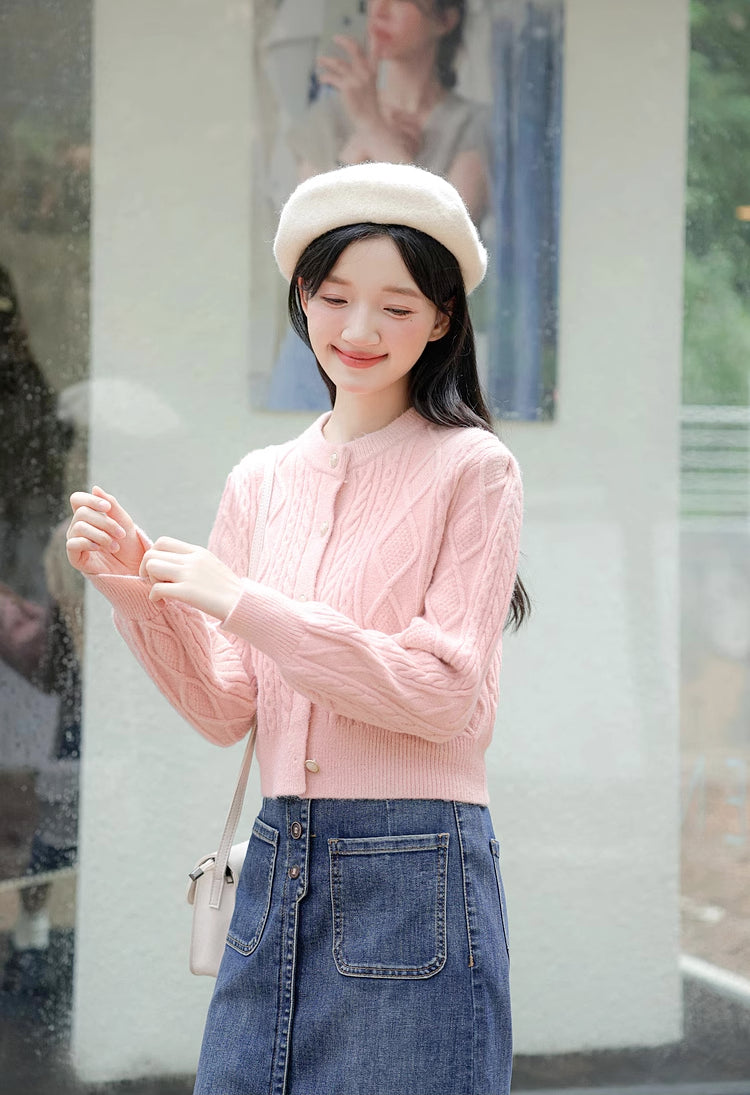 Round Neck Cable Knit Cardigan (9 Colors)