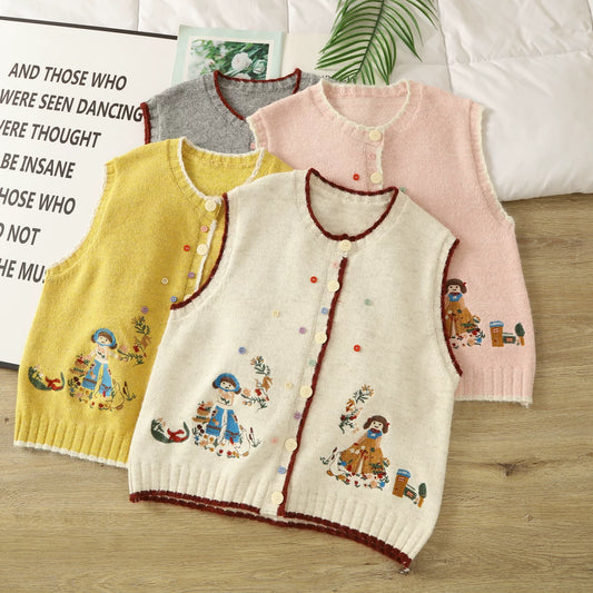 Garden Sisters Embroidered Button Vest (4 Colors)