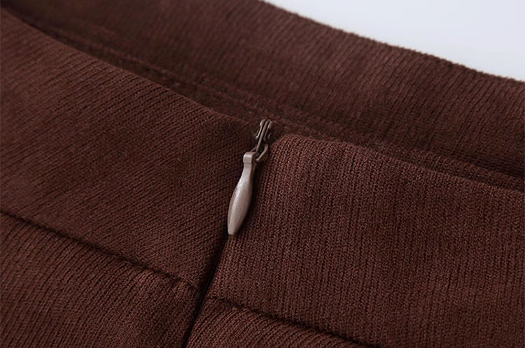 Corduroy Suede Suspender Skirt / Blouse (Brown)