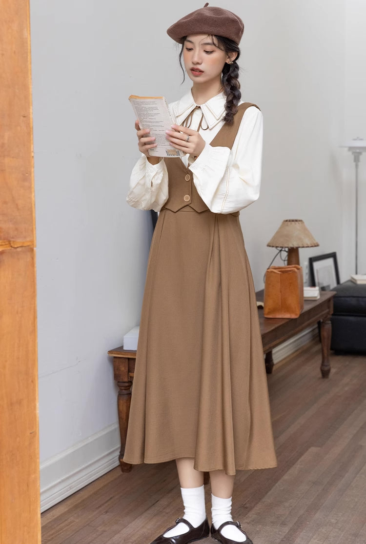 Basic Woven Vest Pinafore Dress / Blouse (2 Colors)