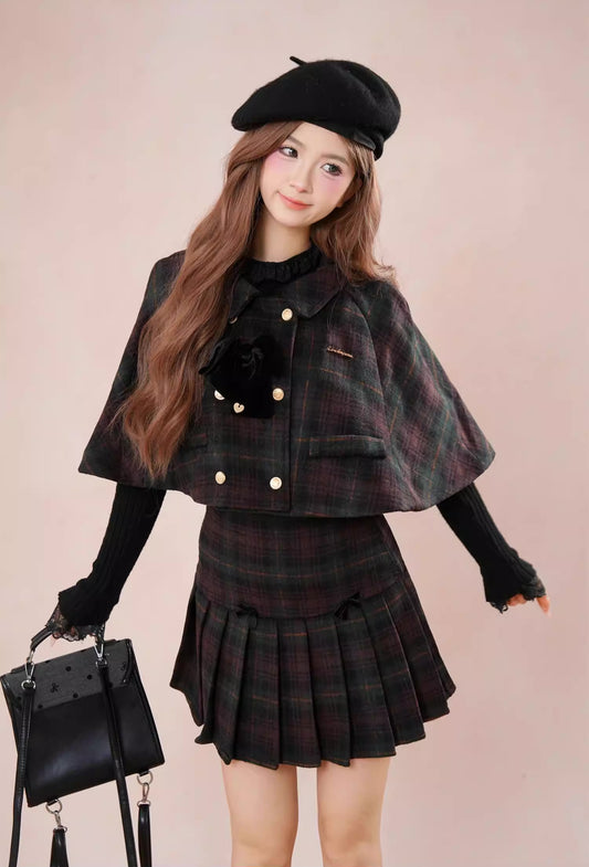 Black Forest Plaid Capelet & Mini Skirt Set (Green/Purple)