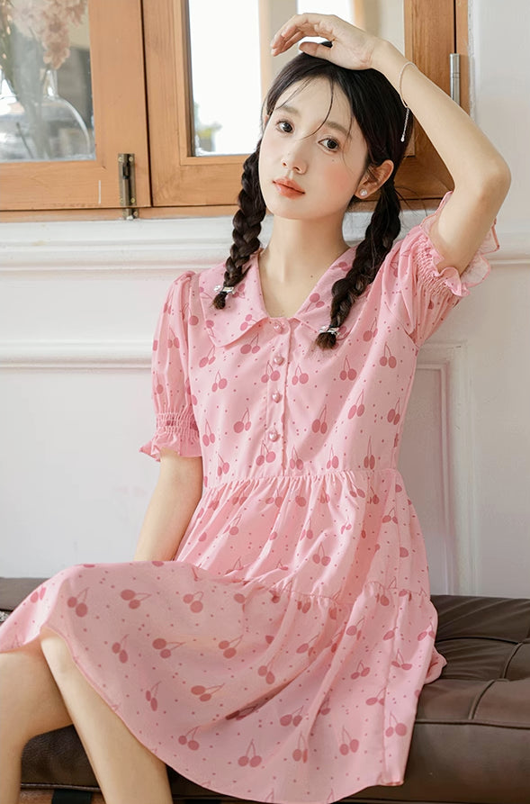 Sweet Cherry Tiered Shirt Dress (Pink)