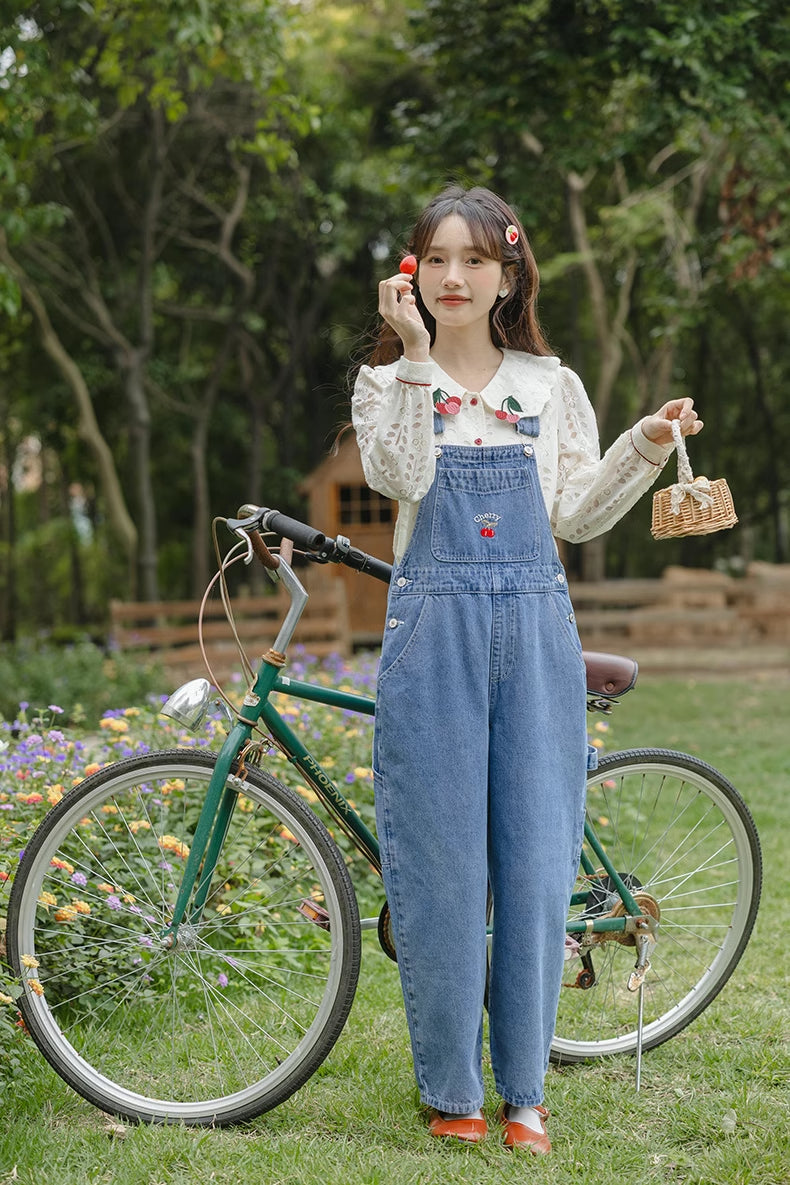Cherry Denim Overalls (Medium Blue)
