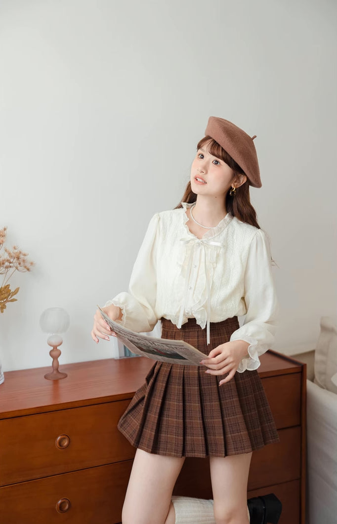 Ruffle Trim Tie Neck Blouse (Cream)