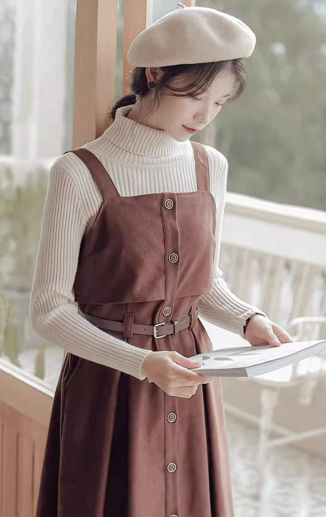 Suede Button Up Cami Pinafore Dress (4 Colors)