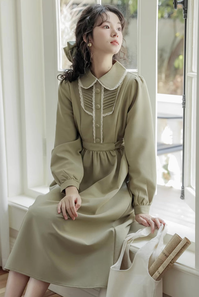 Sunday Tea Long Sleeve Midi Dress (Olive)