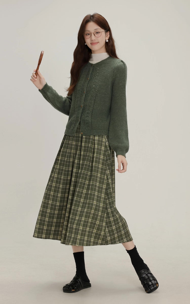 Evergreen Plaid Midi Skirt (Green)