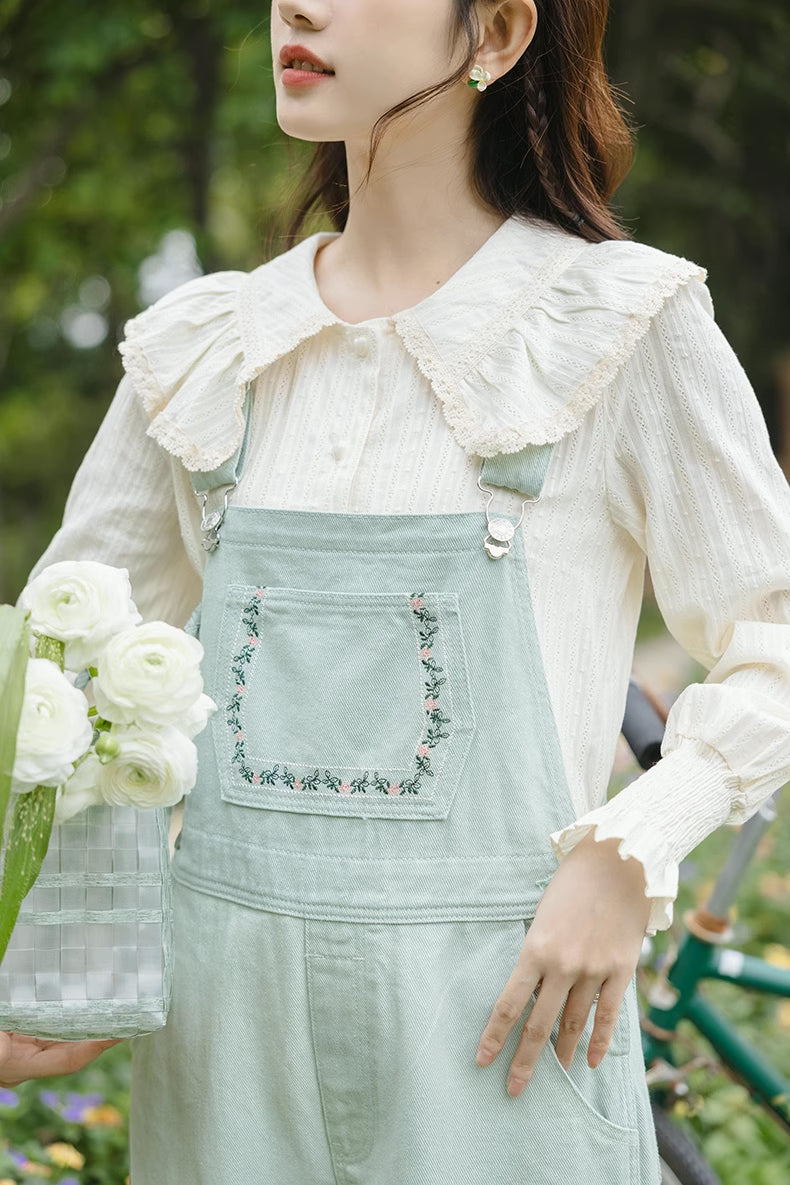 Flower Vines Embroidered Overalls (Green)