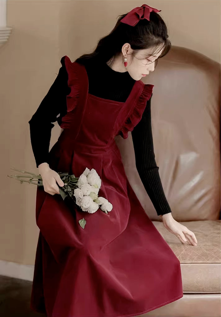 Frilly Corduroy Apron Pinafore Dress (3 Colors)