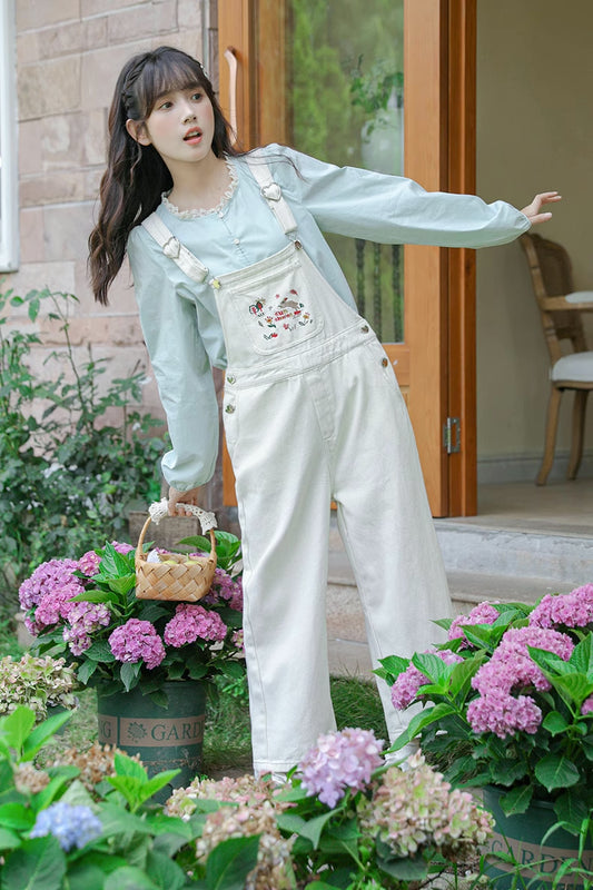 Sun Shining Embroidered Overalls (White)