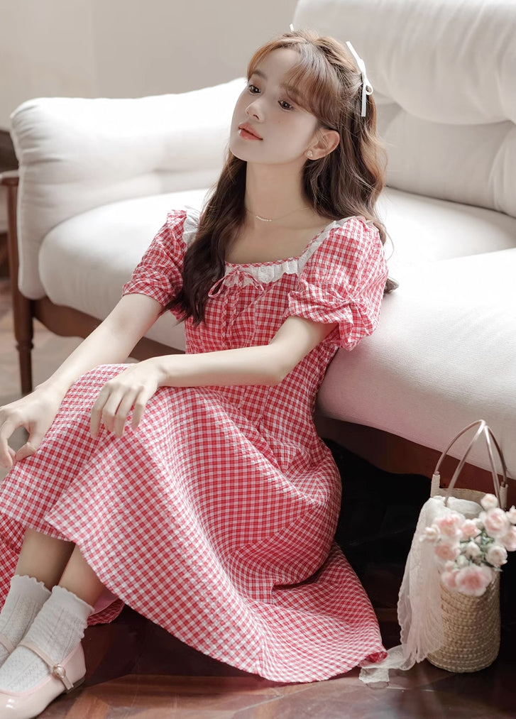 Plaid Puff Sleeve Midi Dress (Red)