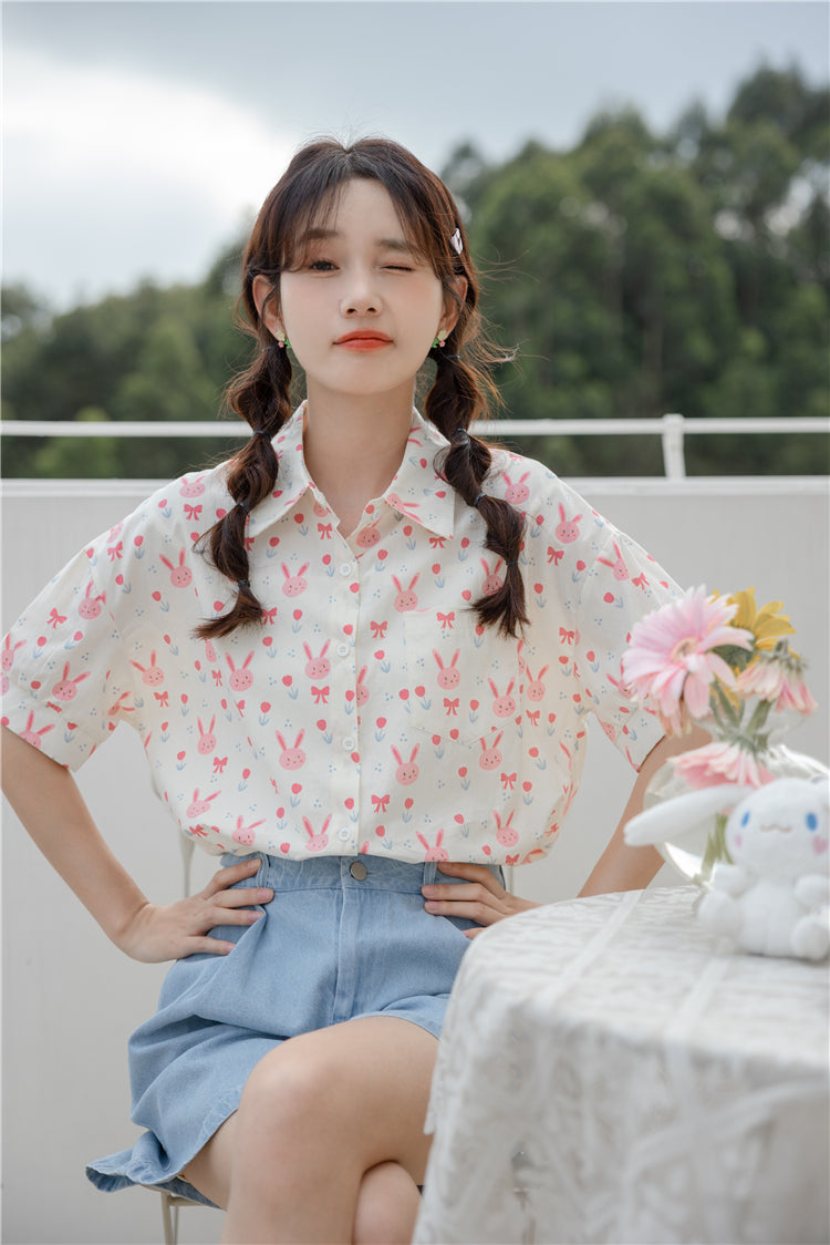 Pink Bunny Cropped Button Up Shirt (White)