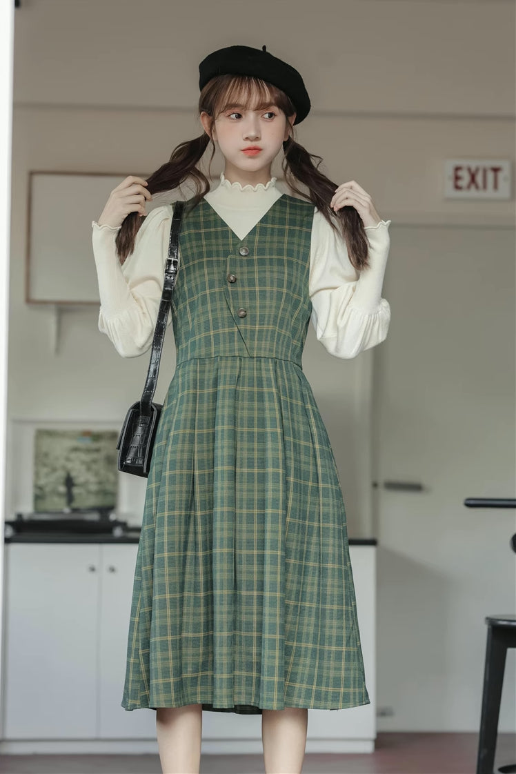 Huntington Plaid Midi Dress (Green)