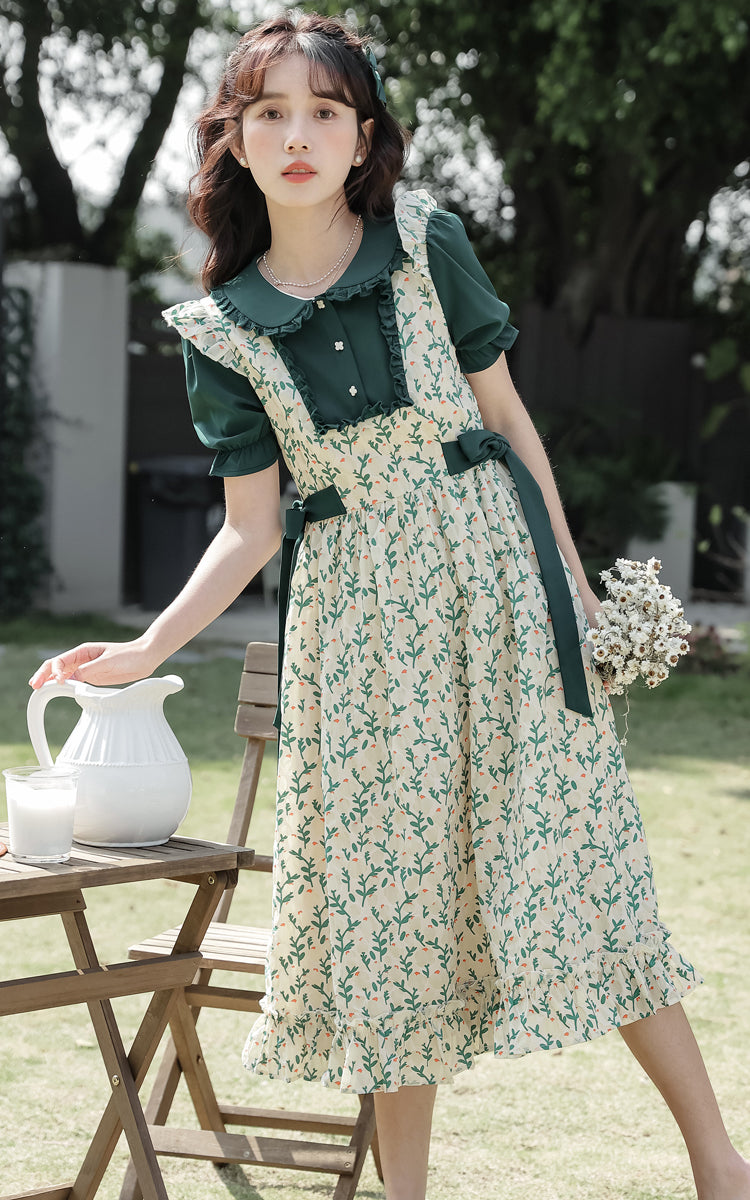 Flower Buds Pinafore Twofer Dress (Dark Green/White)