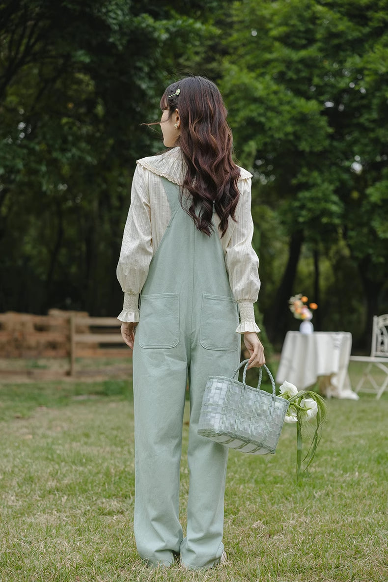 Flower Vines Embroidered Overalls (Green)