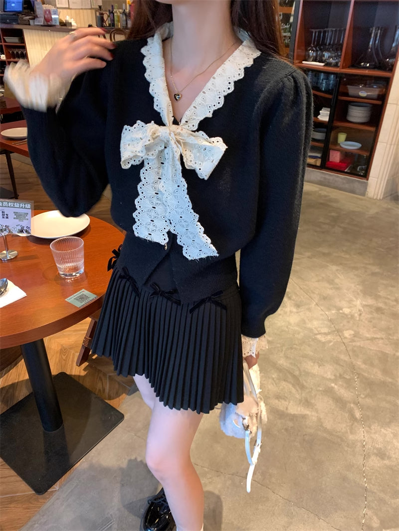 Heart Button Lace Trim Cardigan (3 Colors)